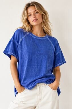 Zenana Blue Mineral Wash Oversized Tee L Raw Seam Boho